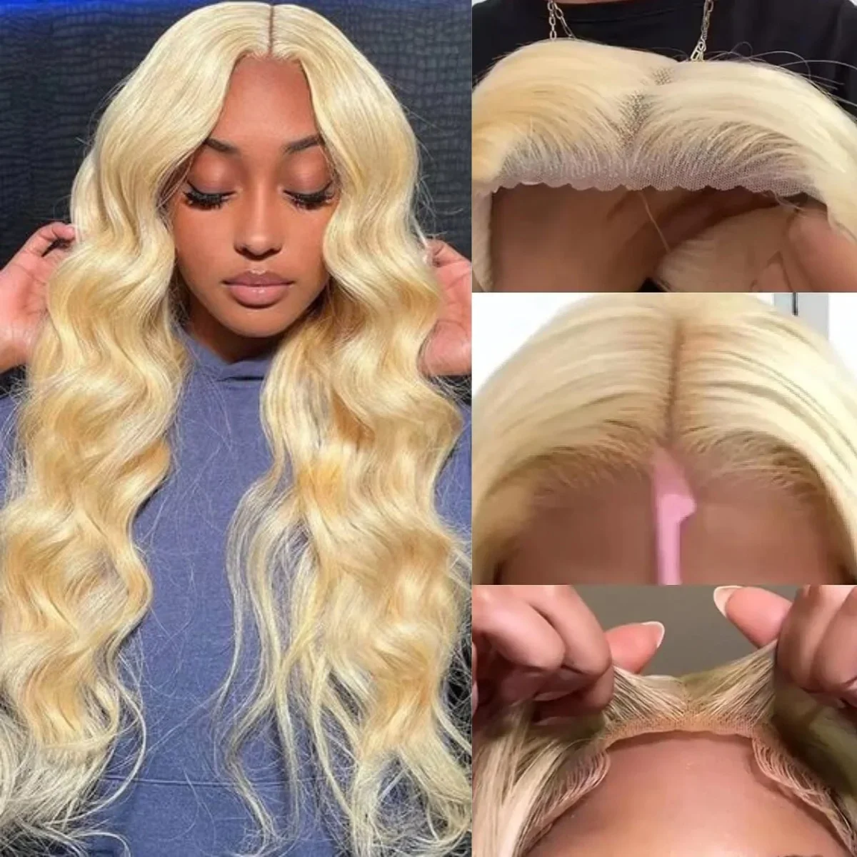 613 Loira Onda Corporal Peruca de Cabelo Humano Pré-cortado Fechamento de Renda Frontal Sem Cola 150% Densidade_voghion.com
