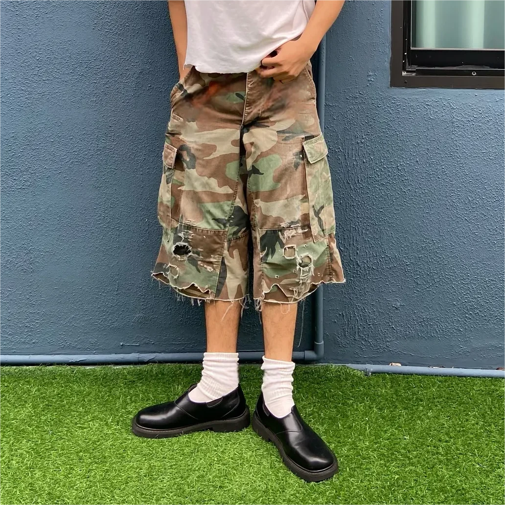 Qianshi Luxury Men's 3/4 Denim Camouflage Baggy Shorts