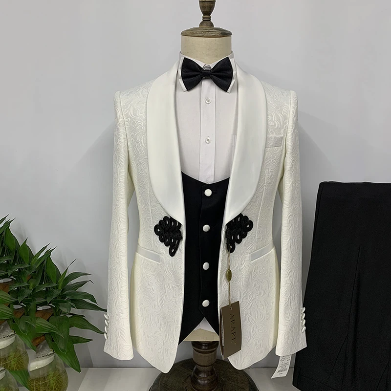 Jacquard Champagne Men Suit 2022 Shawl Lapel Slim Fit Jacket+vest+pants ...