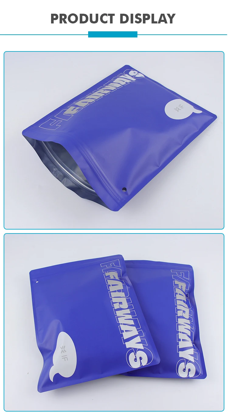 Custom Printed Blue Matte Frosted Zipper Bag For Clothing Package Zip