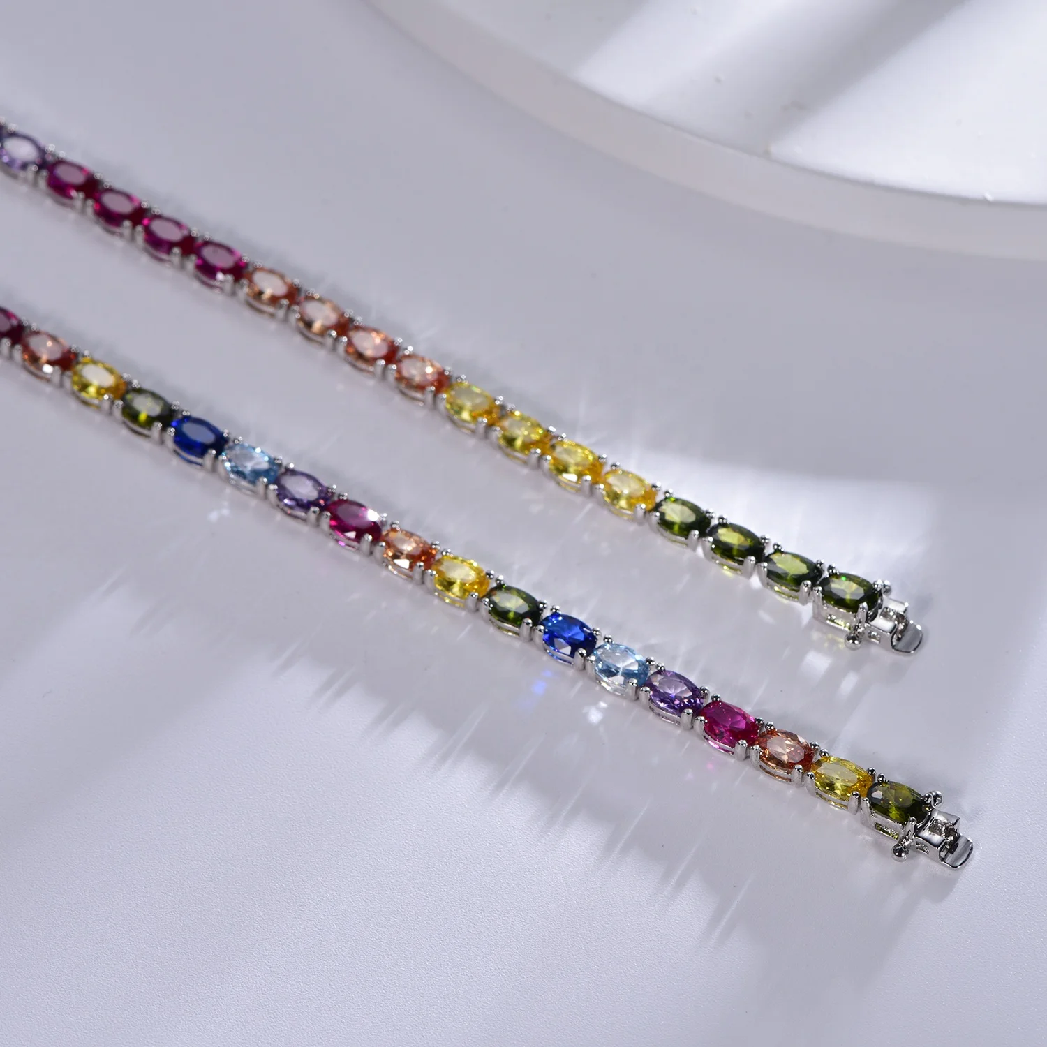 Oval Rainbow multi gems Tennis Bracelet for Women Men 925 Sterling Silver 5A CZ Crystal Diamond Bracelet