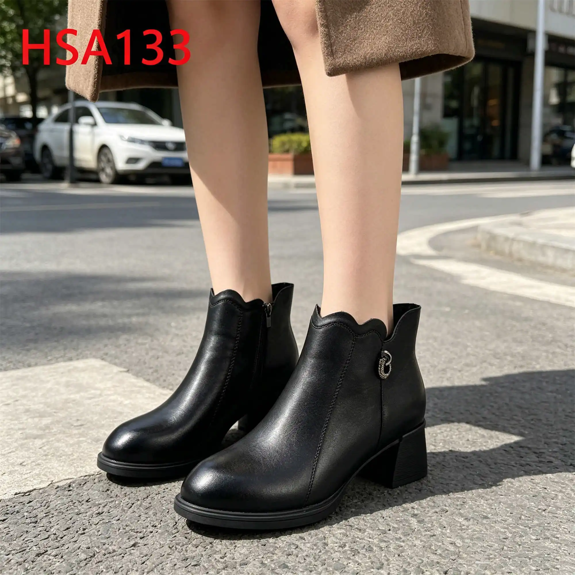 ZYF, Scarpe da donna eleganti in pelle pieno fiore, modello medio, con cerniera laterale, tacco quadrato, scarpe nere formali da donna in vendita HSA133