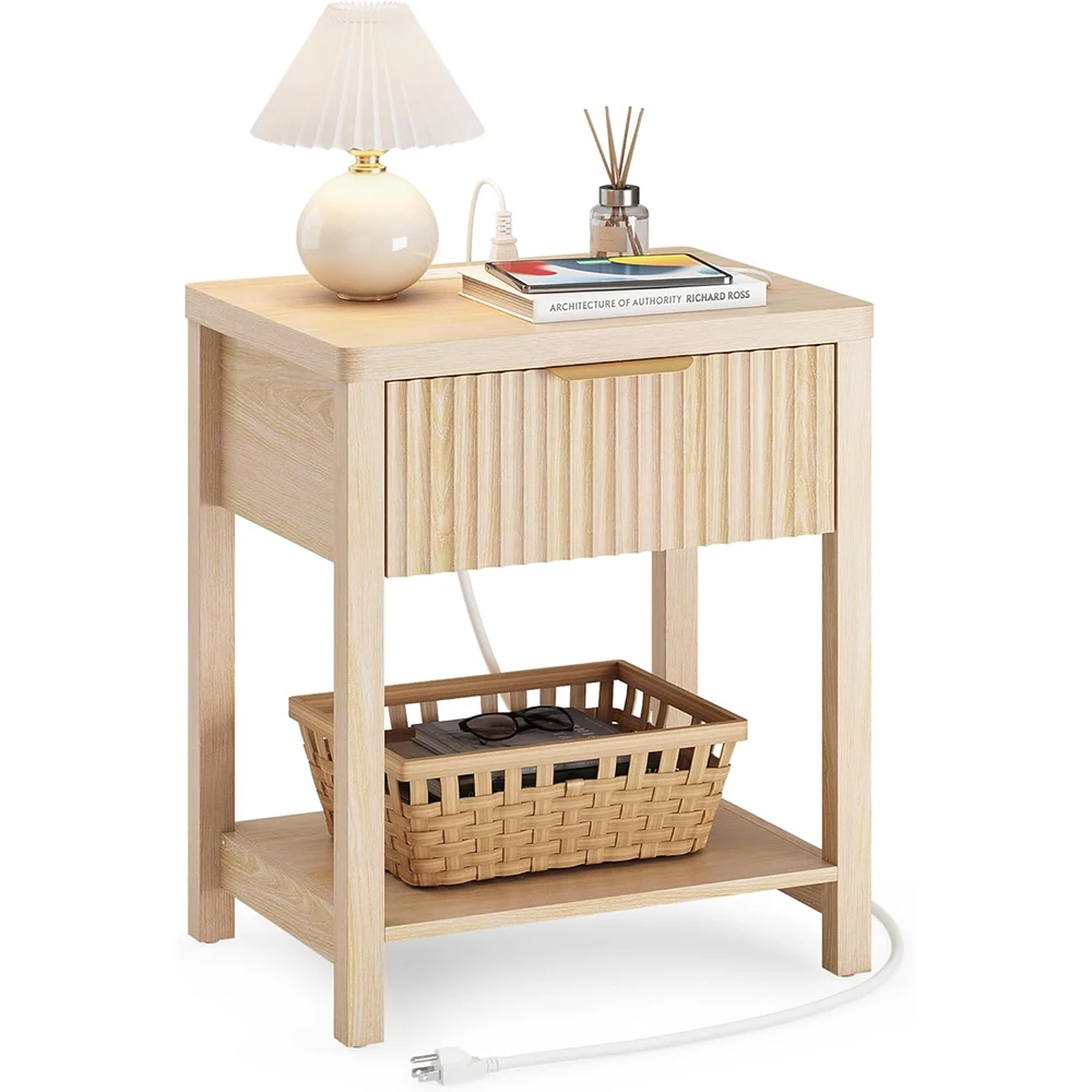 Fluted Night Stand Drawers Nightstand Charging Station Panel Modern Bedside End Table Storage Drawer Bedroom Apartment Save