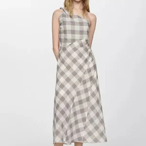 Summer's Tail Plaid Style Midi Dress With One Shoulder Checkered Asymmetrical Elegant Slim Women's Dress
