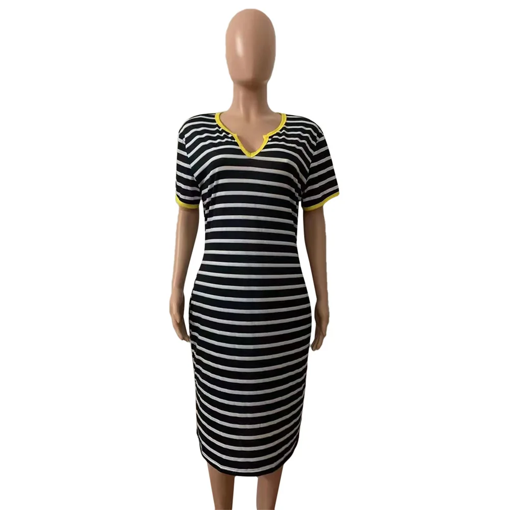 FA7229 Amazon new fashion fat women skirt Europe and America women's dress hot sale large size stripe V-neck dress