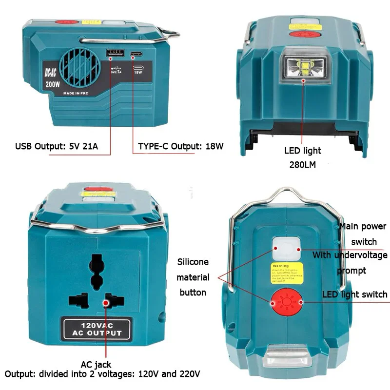 For Dewalt Battery DC 18v to AC 110v 220v Output Inverter Generator with USB Charger Adapte Cordless Power 200W Inverter