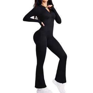 Custom Logo Sporty Bodysuit Solid Nylon Zipper Quick Dry Backless Sports Yoga Sportswear for Adults Women Jumpsuit With Pants