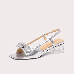 Lily Wei Custom Sexy Ladies Bow Heels Silver Square Toe High Heeled for Women square Toes and New Design Fashion Sandal