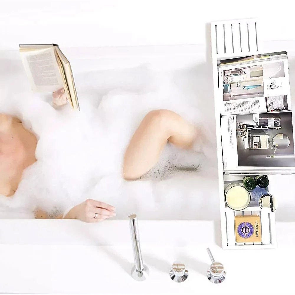 product white bamboo bathtub storage box tray bathroom sets with bathtub tablet stand modern rack for bath accessories-13