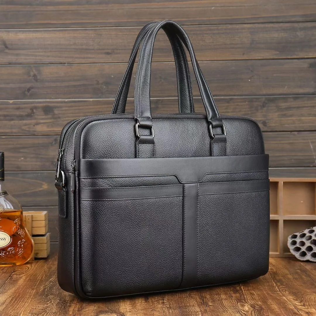 Logo Leather Cow Hide 14 Inches Case Messenger Business Bag Real Black Pebble Leather Computer Laptop Briefcases