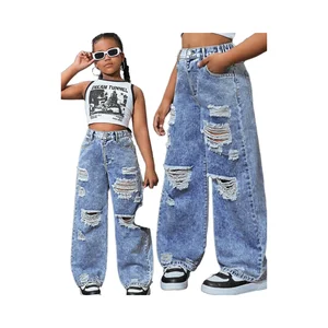 Fashionable High-Waist Blue Straight-Style Street Pants Kids Breathable Casual Ripped Denim Hole Pants in Summer Autumn