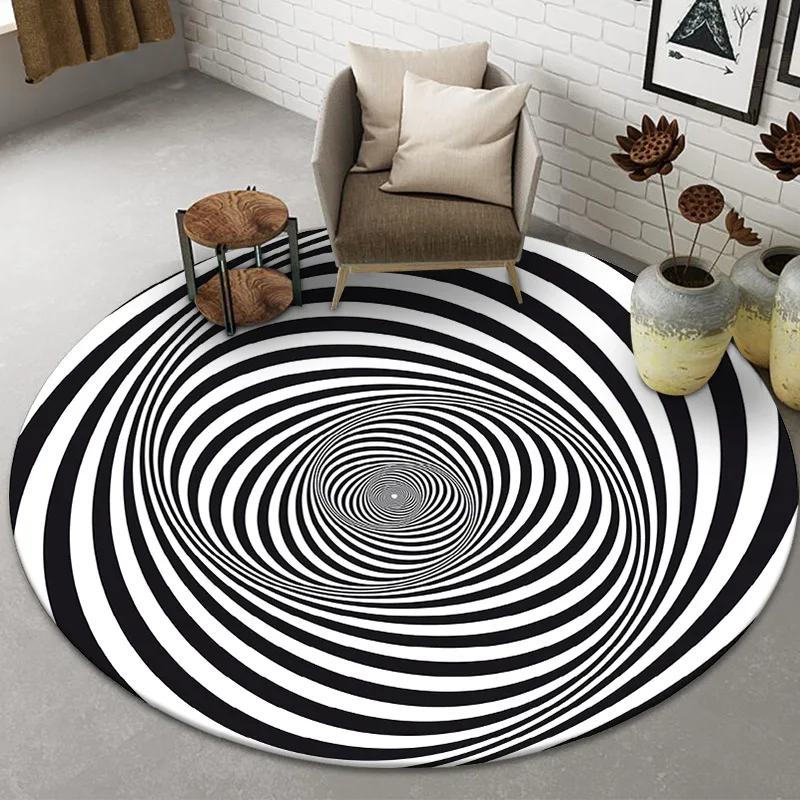 3D Visual Vortex Optical Illusions Floor Rug Black White Plaid Round Rugs for Living Room