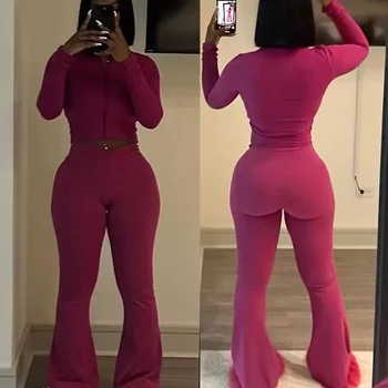 Activewear Sets for Women Zip up Active Jacket Nylon Elastane Leggings Flared Pants Yoga Sets Two Piece Yoga Set
