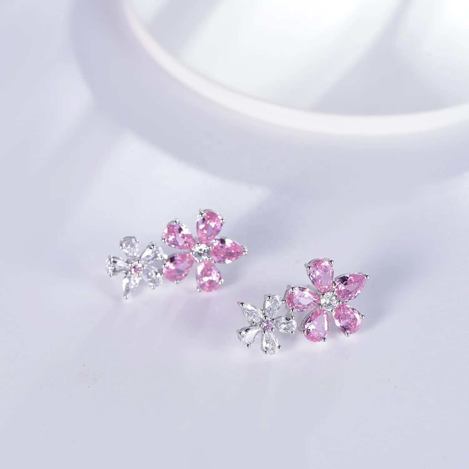flower statement earrings long flower earrings sterling silver 925 pink CZ double flower petal earrings