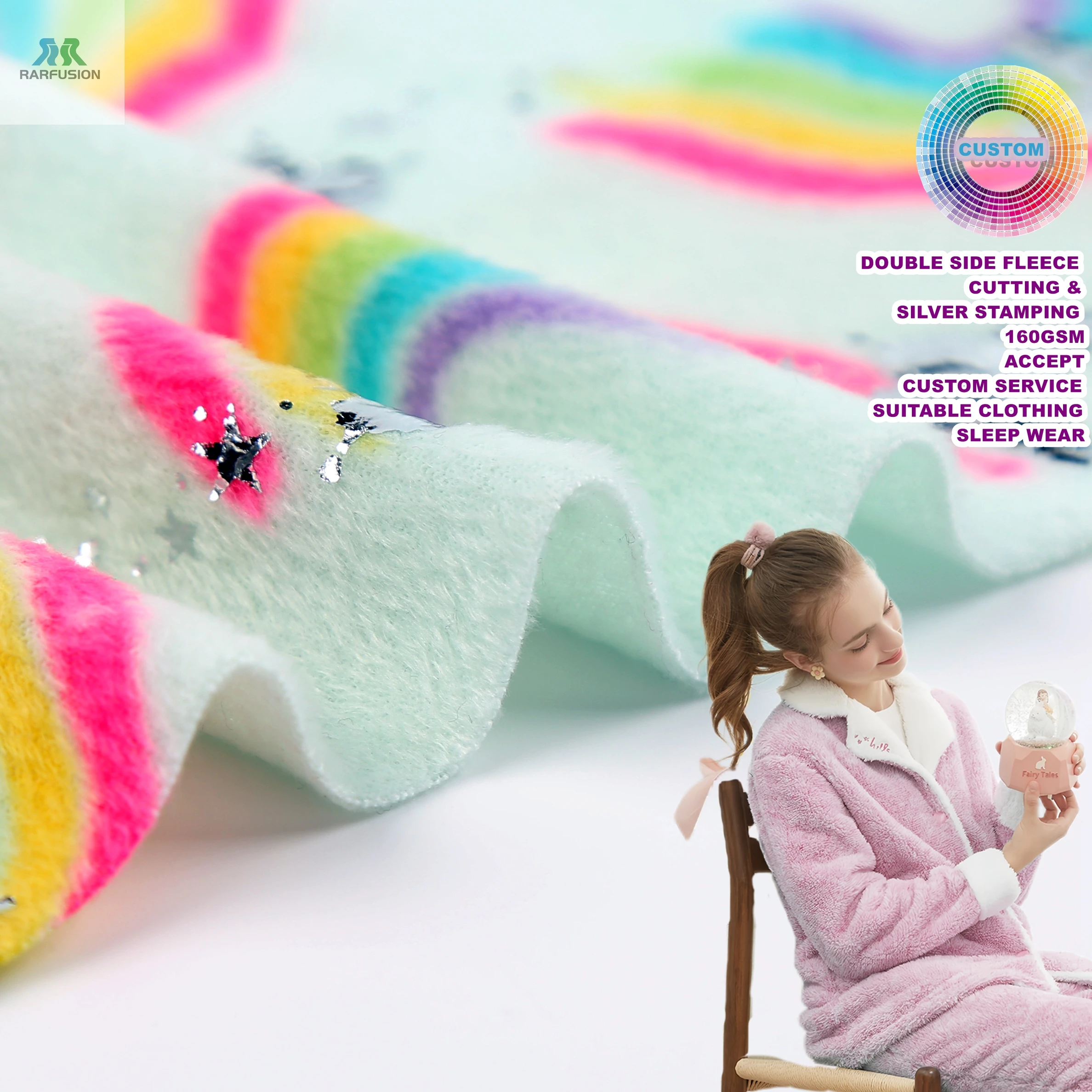 Manufacturer Wholesale Bronzing Two Side Printing & Brushed Low-weight Rainbow Cutting Fleece Fabric For Home Textiles