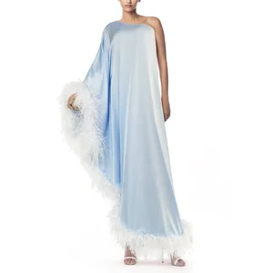 2026 Luxury Gowns Clothes Muslim Women Evening Robe One Shoulder Fuzzy Fur Kaftan Ostrich Feather Trim Long Crepe Silk Dress