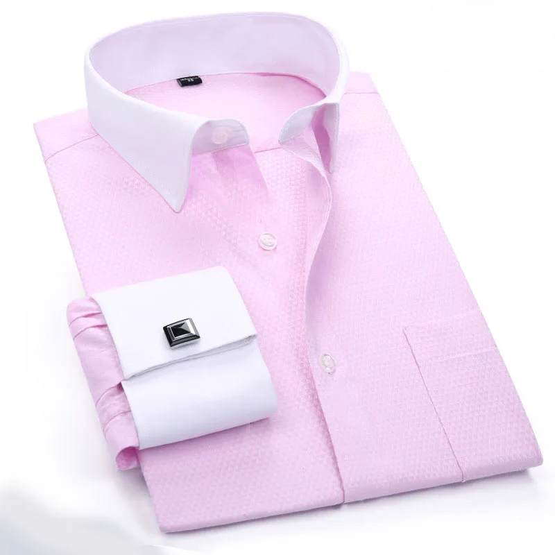 RNSHANGER Camicia elegante da uomo con polsini francesi Nuovi bottoni casual bianchi a maniche lunghe Marca maschile S Regular Fit Business Male95_voghion.com