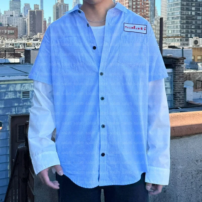 Custom Stripe Boxy Oversized Button Down up Embroidered Long Sleeve Thermal Tshirts Double Layer T-shirts Dress Work Shirts Men gallery 4