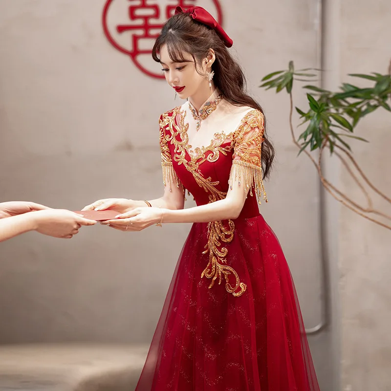 S7461F 2026New High -level Texture Light Luxury Wine Red Summer Engagement  Party Dresses Women Evening Elegance