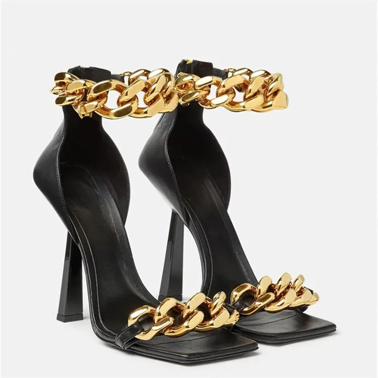 Professional wholesale high heel sexy pump Hollow buckle color gold high heel matching catwalk nightclub high heel sandals women