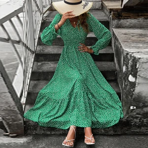 HL Manufacturer Spring Long Flounce Sleeve Dress Women Wholesale Custom Casual Floral Shirred Ruffle Dress Polka Dot Dress