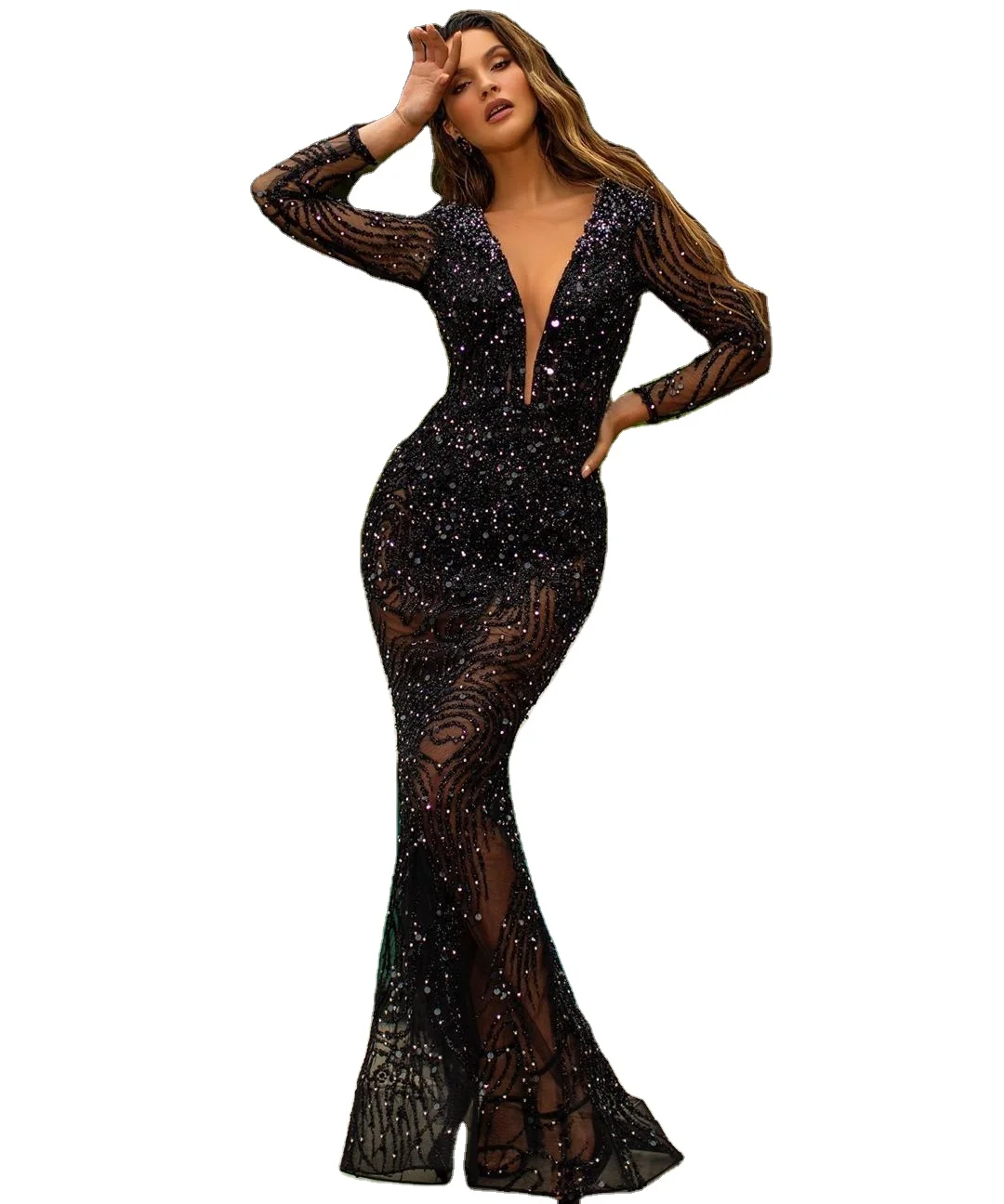 Evening Dresses Solid Color Hot Stamped Long Sleeved Deep V Neck Sequins  Sexy Slim Sequin Dresses Women Lady Elegant Party Dress