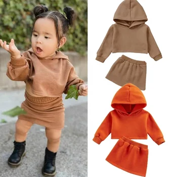 Fashion toddler girls clothes sets 1-5T kids solid hoodies long sleeve pullover tops baby girl A-Line skirt 2pcs set