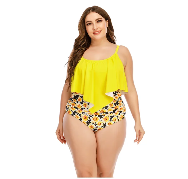 Custom Logo Women Plus Size Yellow Ruffle Swim Top Sunflowers Printed High Waisted Yellow Swimwear 5xl