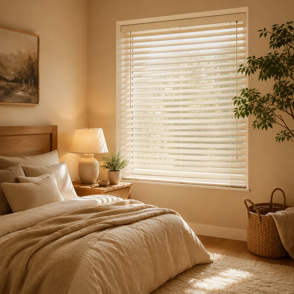 50mm Solid Wood Venetian Blinds Painted Cream Tilt Wand Pull Cord Ladder String Built-In Every Day Bedroom Privacy Custom Size
