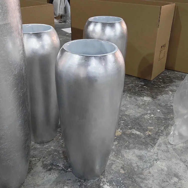 Large Modern Metal Leaf Floor Silver Fiberglass Flower Vases Pots