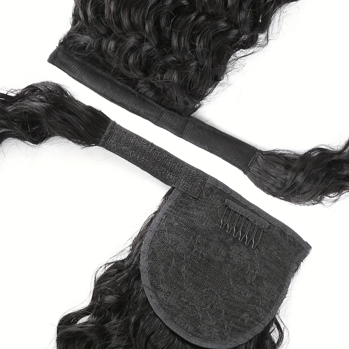 Deep Wave Human Hair Ponytail Extensions In Natural Black Colour_voghion.com