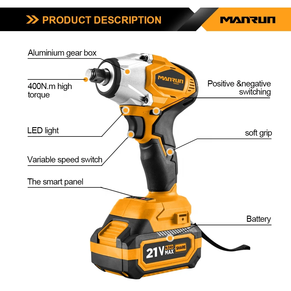 Манрун 21 В 400 нм бесщеточный ударный беспроводной гаечный ключ для