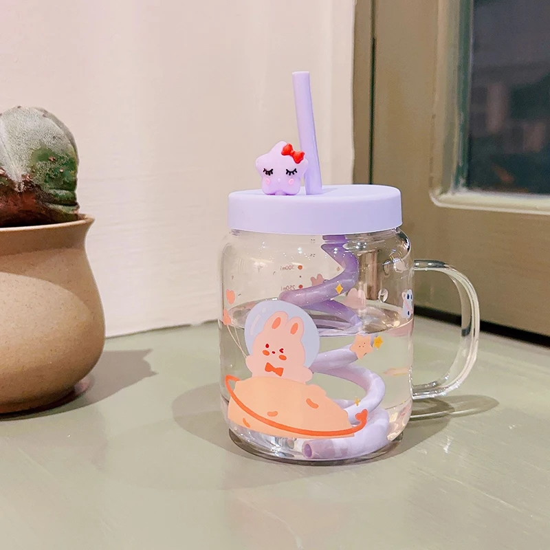 1pc 350ml Glass Straw Cup With Cartoon Characters, Cute