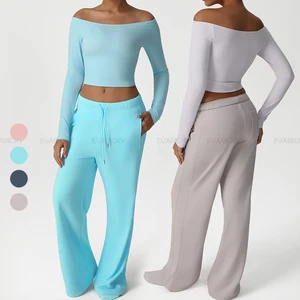 Fashion Long-sleeve Off-shoulder Women Yoga Suit Quick Dry Solid Girls Fitness Set Loose Straight Pants Ladies Sports Sets