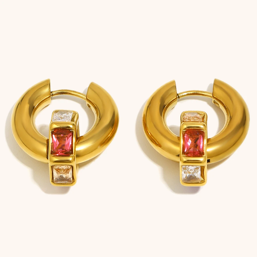  Zircon Hexagon Gold Plated Stainless Steel Huggies Earring 
