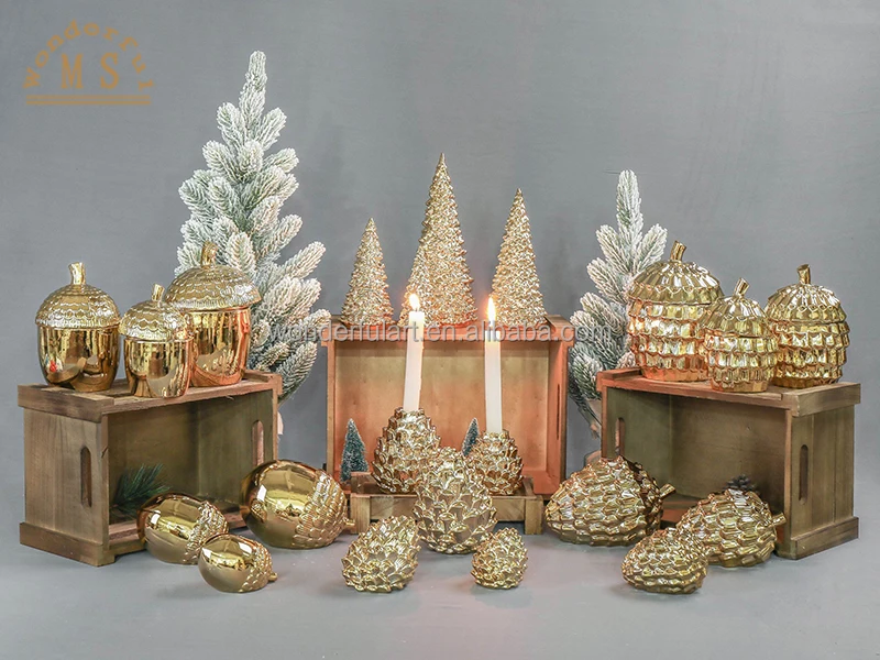Ceramic jar pine cone shaped food storage jar holiday gift gold canister for kitchen tableware