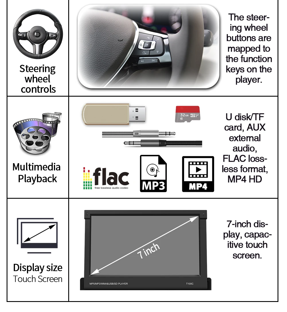 BQCC 1din Automatic Foldable Touch Screen 7inch HD Mirror Link CarPlay Android Auto Car MP5 Player FM AM RDS Multimedia Stereo