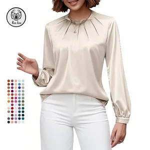 2026 Women's Satin Silk Work Shirt Pleated Long Sleeve Dressy Business Casual Blouse Office Suitable Fall Outfits Blusa