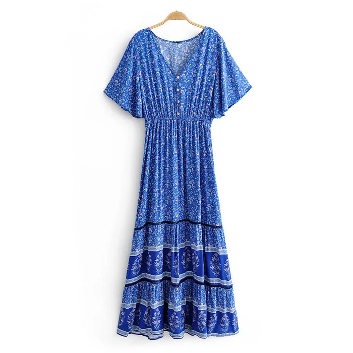 2021 bohemio vestido de encaje de las mujeres de manga corta de cuello en v  de mosaico blanco maxi vestidos de verano casual de unas vacaciones de  playa vestido de vestidos comprar ~