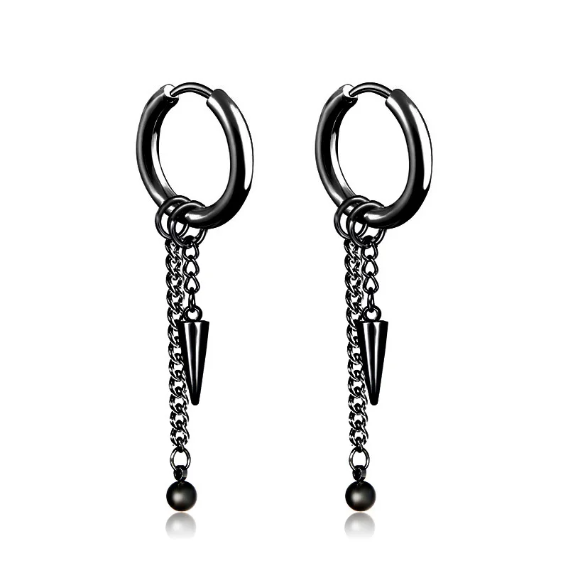 Steel Black Huggie Earrings With Dangling Triangle Chain - Men & Women, 2pcs, Stainless Steel - View #6