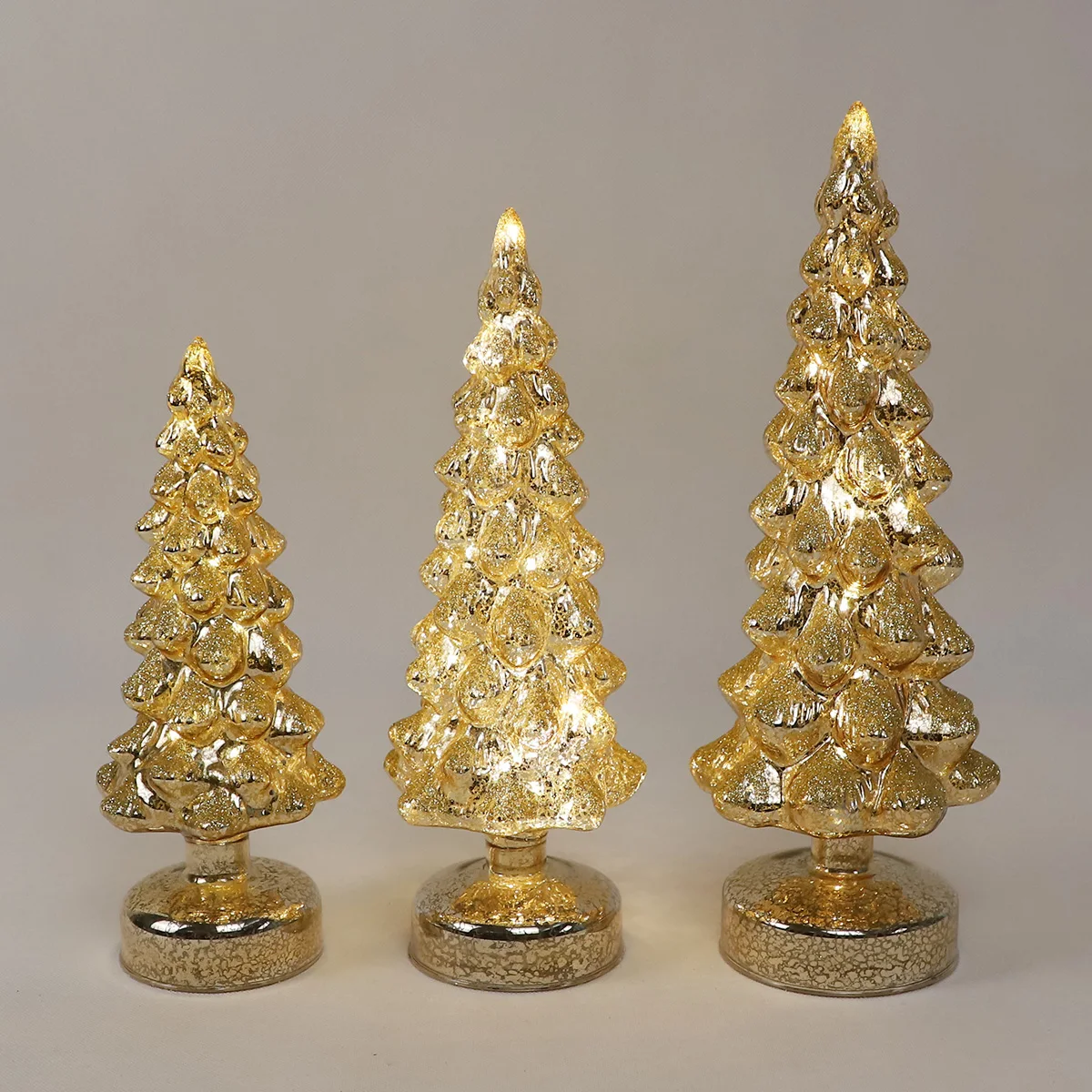 Custom best tabletop small gold white illuminated pre lit mercury glass led lighted snowing xmas christmas tree home decoration details