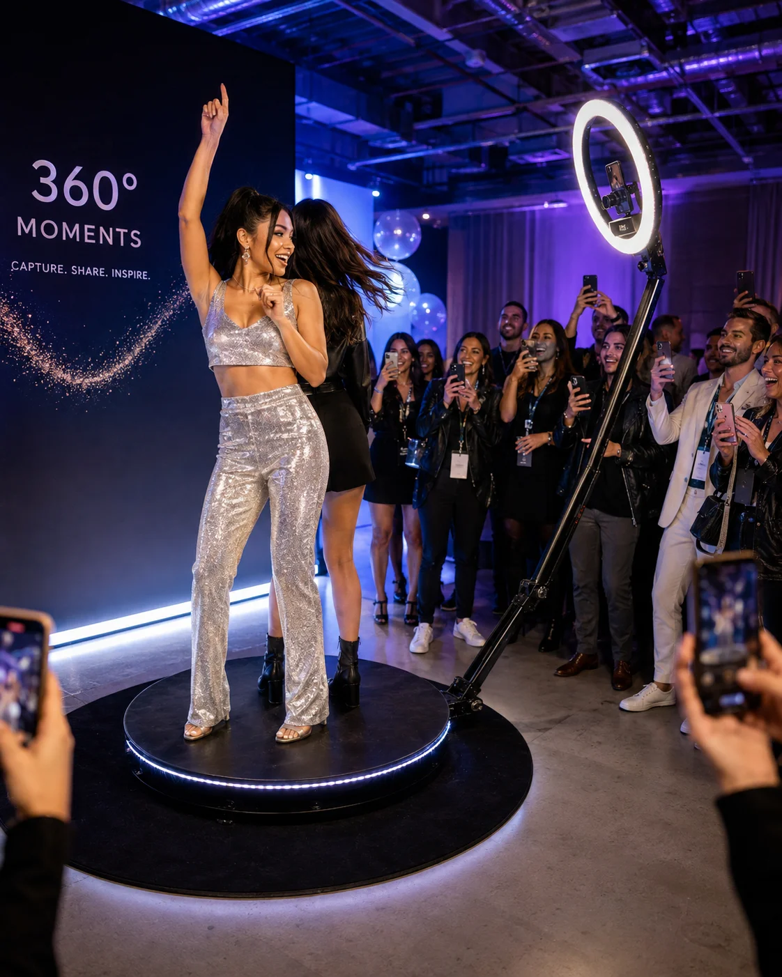 Guests recording a 360 photo booth in action at a brand activation event with slow-motion video capture