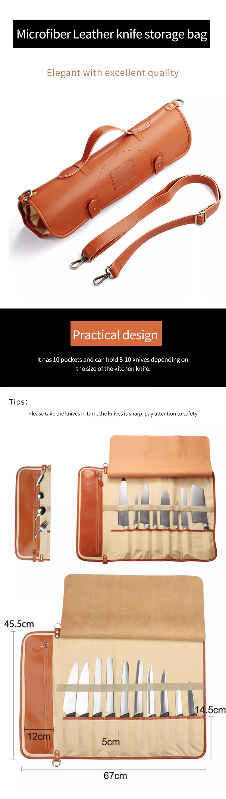 High Quality 10 Slots Heavy Duty Brown Leather Chefs Knife Roll Bag Up