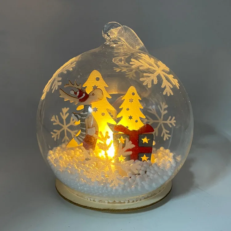 Custom 8cm clear ornamental led Christmas wooden elk glass balls decorations 2022 with lights