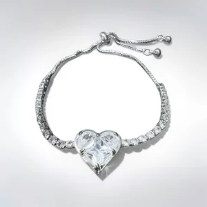 Women's Luxury Heart Shaped Cubic Zirconia Bracelet Silver Tone Adjustable Slider Design Sparkling Statement Jewelry for Gift