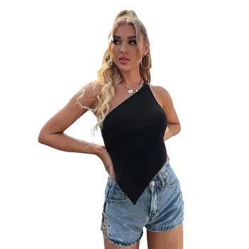 European and American INS Spicy Girl Diagonal Shoulder Suspended Tank Top Women's Sleeveless Simple Fashion One Shoulder Top