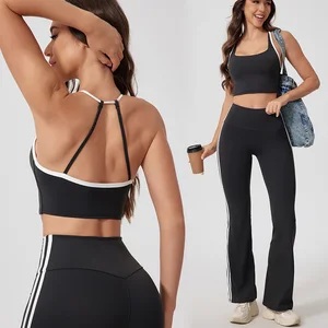 Bnice Custom Logo High Quality Side Stripe Yoga Pants Sets Women Outfit Clothing Yoga Flare Leggings Back Cross Sexy Sports Bra
