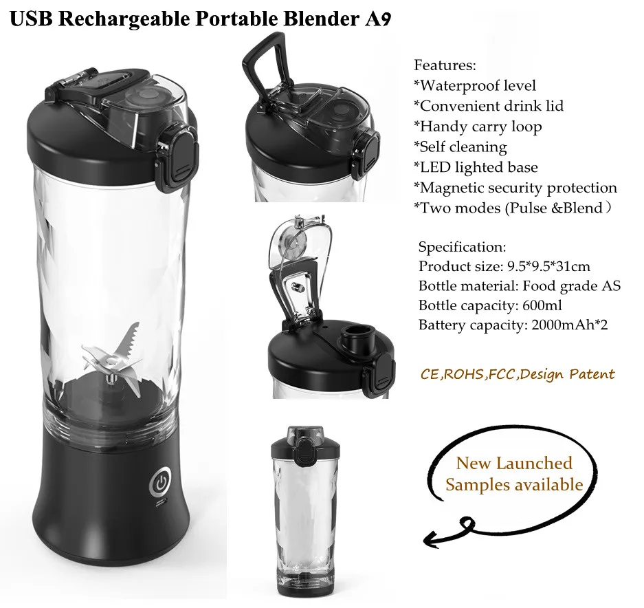 Ipx67 Waterproof 600ml Electric Blender Drink Bottle With Carry Loop