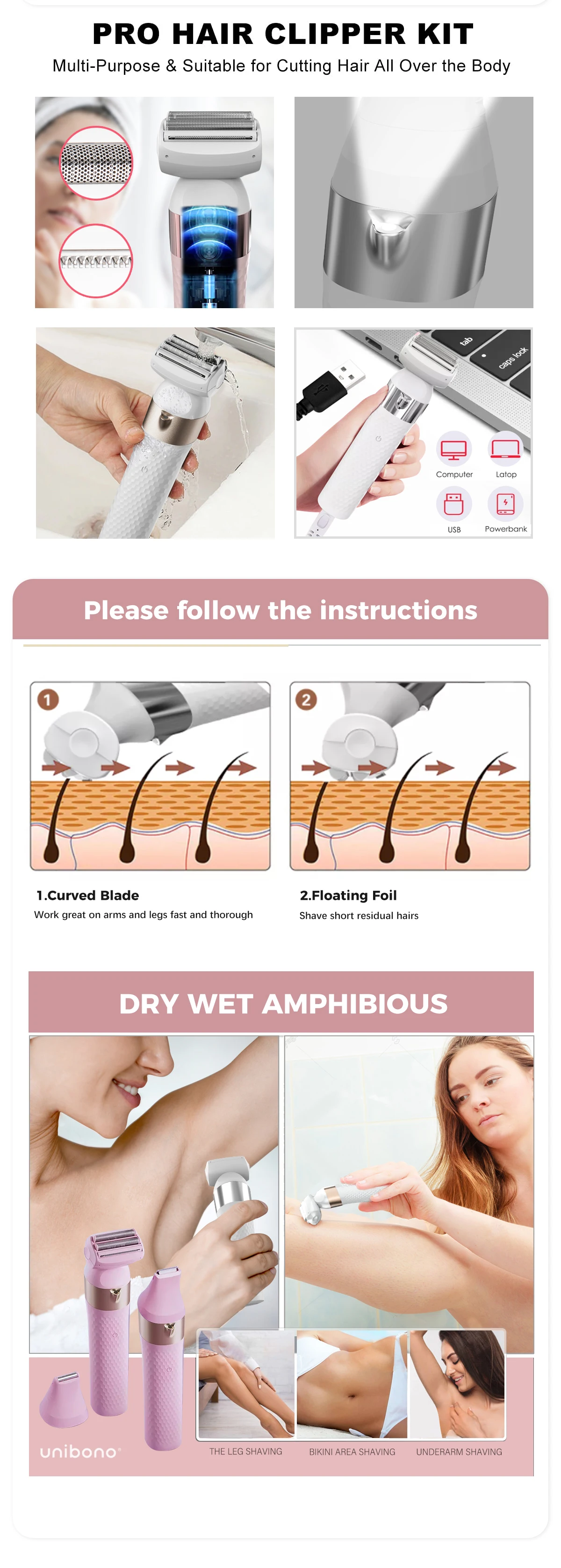 Unibono 3 In 1 Grooming Kit Low Noise Lady Women Hair Removal Machine