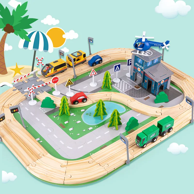 Road Train Set 108 Pcs Road Train Track Set Toys Wooden Children's Educational and ...